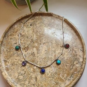 Sterling Silver 925 Stone Turquoise Malachite Amethyst Lapis Necklace Navajo